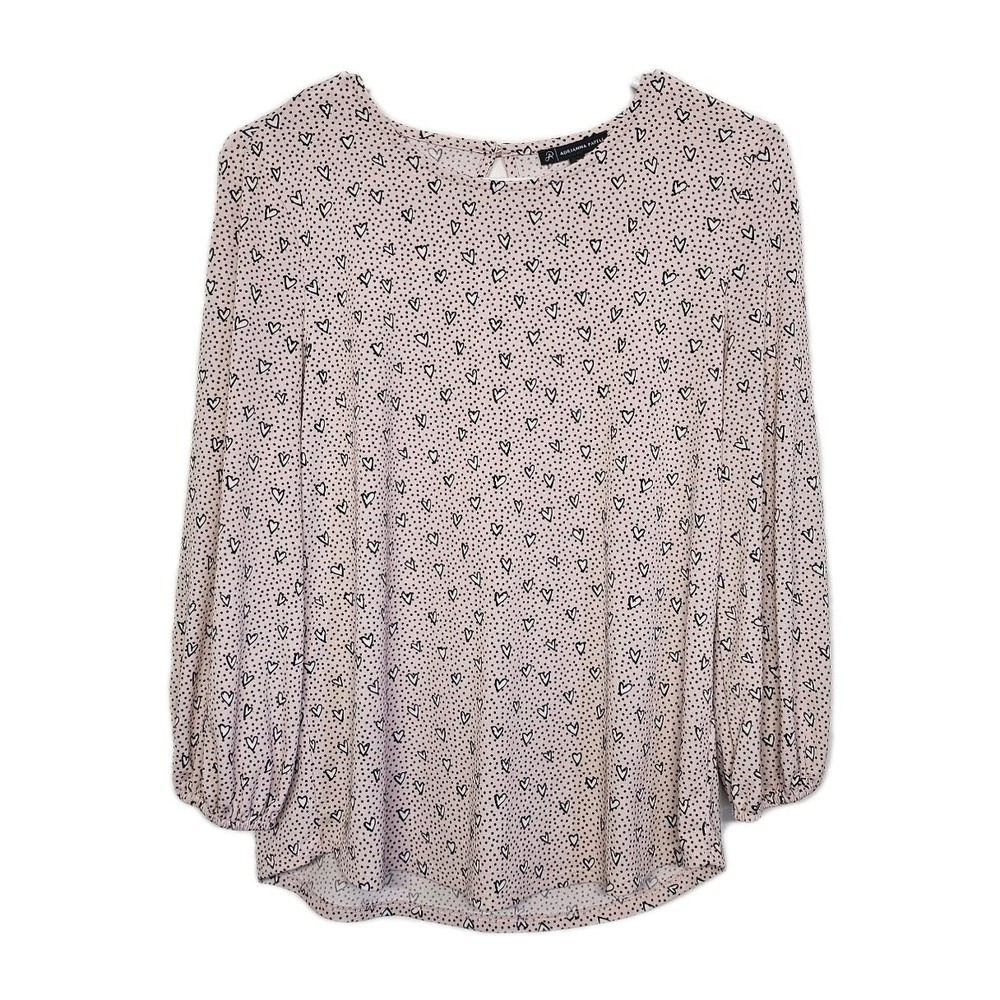Adrianna Papell Women's Small Pullover Pink Hearts Dots 3/4 Sleeve Blouse Top